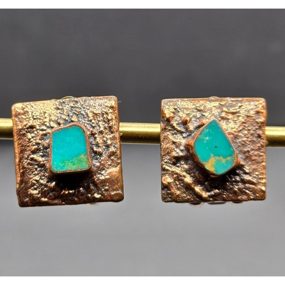 VTG Bell Trading Post Copper Clip-On Earrings Turquoise Brutalist Square - Picture 3 of 13